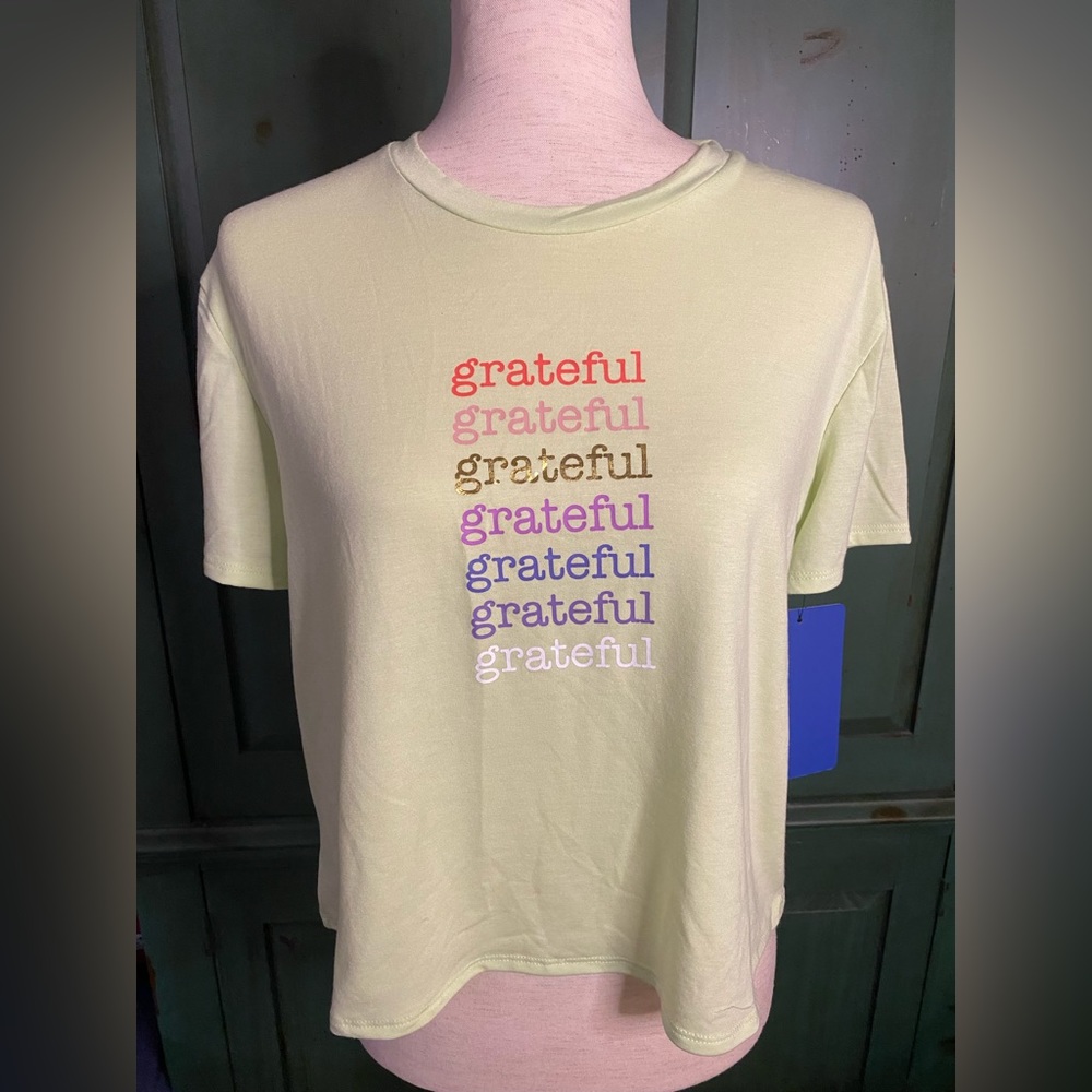 Athletika Couture cropped statement top “grateful” lime green